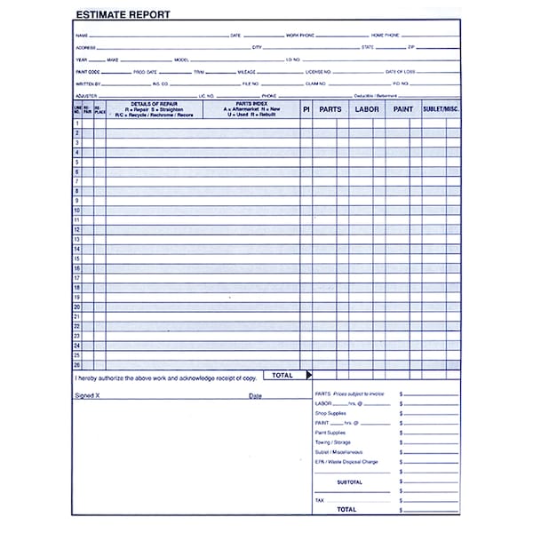Asp RepairEstimate, 8 1/2X11, 50 Sheets Per Pad, 2 Pads Per PkForm No 45 Pk 9100 - main